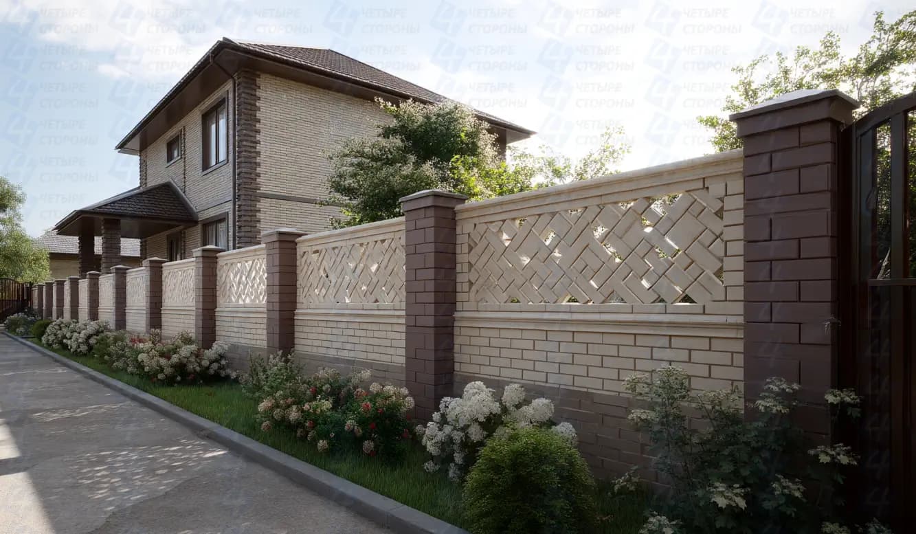 Двухцветный кирпичный забор с узорчатой шахматной кладкой из клинкера