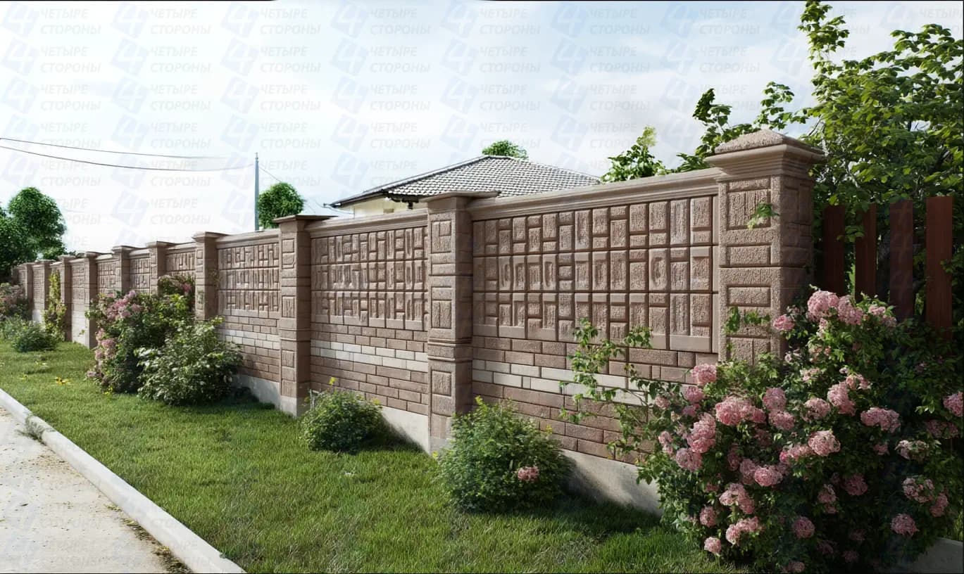 Кирпичный забор на армокаркасе для участков с уклоном