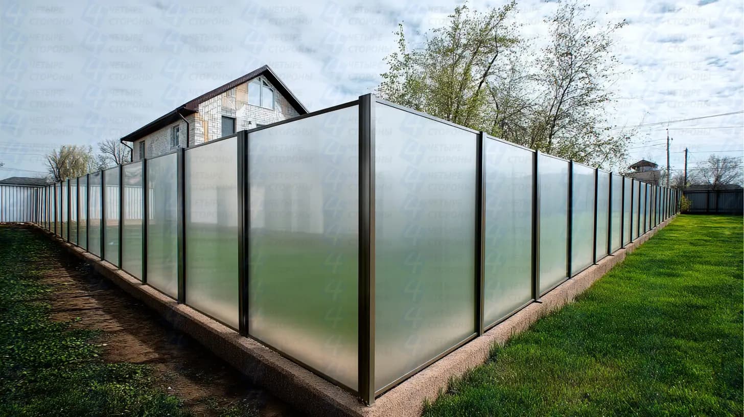 Двусторонний забор из евроштакетника с декоративными колпаками