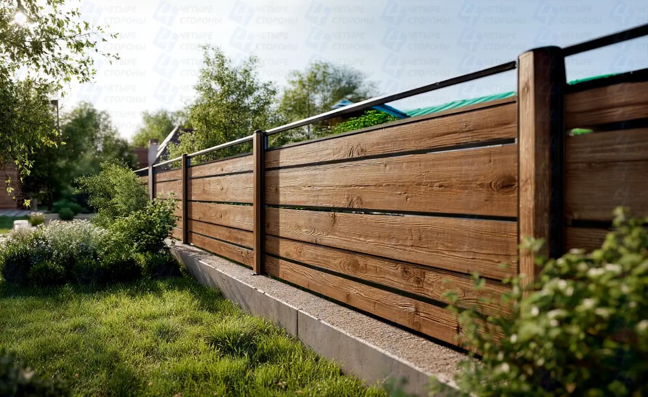 Свайный забор дерево+металл (термодерево 25×150 мм, масло-воск)