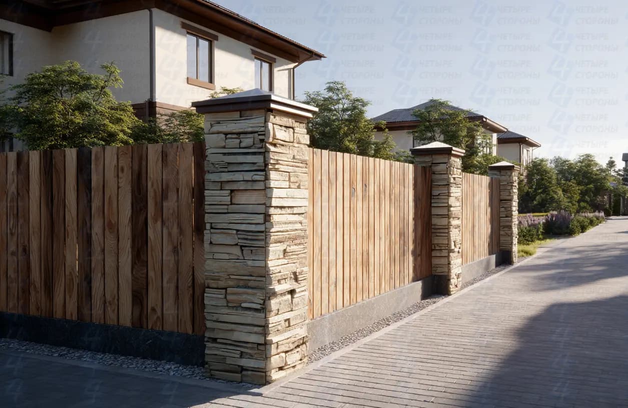 Комбинированный забор дерево+камень (лиственница, УФ-масло)